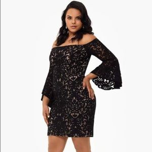 Xscape Black Knit Off Shoulder Dress w/Nude Lining